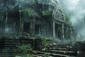 Mystical ancient temple in lush forest photo