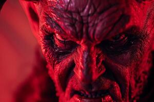 Menacing red demon face closeup photo