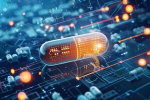 Futuristic illustration of a digital pill with circuitry and data points, representing medical technology advancements photo