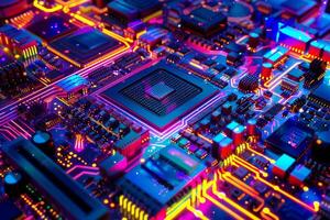 Futuristic circuit board with illuminated cpu photo