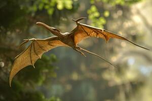 Lifelike 3d rendering of a flying pterosaur with detailed wings against a hazy forest backdrop photo