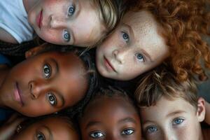 Top view of a group of diverse children lying close together, showing unity photo