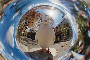 Curious pigeon through fisheye lens on urban background photo