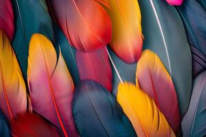 Closeup of multicolored feathers creating a vibrant texture photo