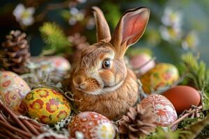 Easter bunny with decorative eggs in nest photo
