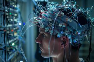 Man in brainwave scanning headgear with illuminated wires photo