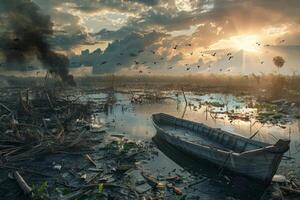 Sunrise over a wetland with abandoned boat and flying birds photo