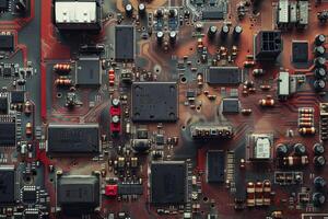 Detailed view of a complex electronic circuit board with various components photo