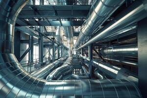 Modern industrial pipeline system in a factory setting photo
