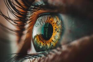 Closeup of a human eye reflecting a window photo