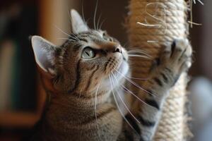 Serene tabby cat playing with scratching post photo