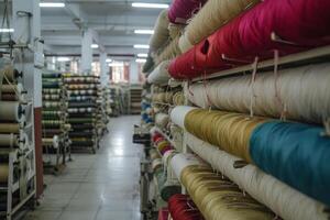 Textile factory thread spools on production floor photo
