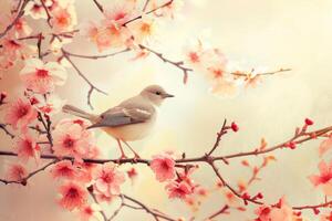 Blossomed Small bird on tree branch with flowers. Generate ai photo