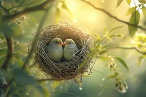 Devoted Birds couple sitting in nest. Generate ai photo