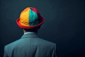 Man in colorful cap standing against dark background photo