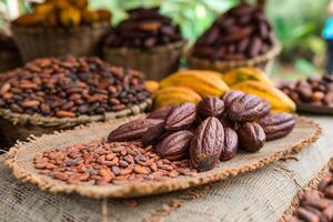 Assorted cocoa beans and pods on display photo