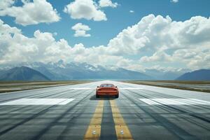 Red sports car on desert runway with mountain backdrop photo
