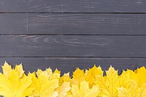 Autumn leaves frame on wooden background top view photo