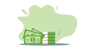 2d animation of young man sitting on a pile of money and investments. Animation of using investment easily through a device. video