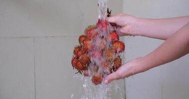Selective soft focus rambutan in stainless bowl washed with water overflowing from faucet in sink not saving water to increase consumption. Water flows in motion. Saving water, energy concept. video