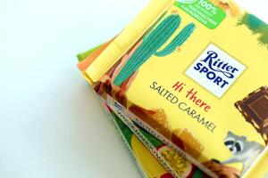 TERNOPIL, UKRAINE - JULY 7, 2023 Ritter Sport Chocolate square bars with exotic taste photo