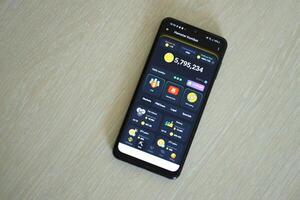 KYIV, UKRAINE - APRIL 20, 2024 Hamster Kombat telegram bot on smartphone screen. Hamster Kombat is a viral Telegram crypto game for earn HMSTR tokens by managing virtual crypto exchange photo