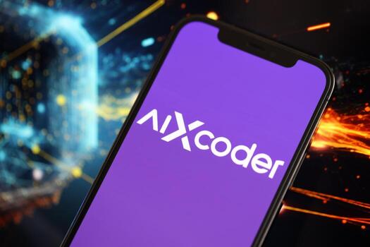 Kyiv, Ucrania - marzo 17, 2024 codificador aix logo en iphone monitor pantalla con antecedentes de artificial inteligencia futurista imagen foto