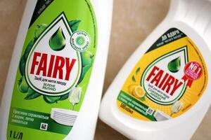 KYIV, UKRAINE - OCTOBER 31, 2023 Bottle of Fairy washing up Liquid produced by Procter and Gamble and sold in most parts of Europe photo