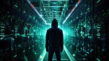 Silhouette of a male hacker in a server room. Neural network photo