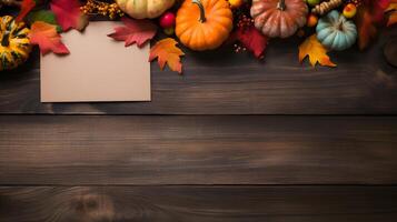 Thanksgiving background decoration from dry leaves and pumpkin on old wooden background. Neural network photo