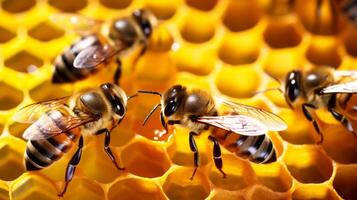 bee on honeycombs with honey slices nectar into cells. Neural network photo