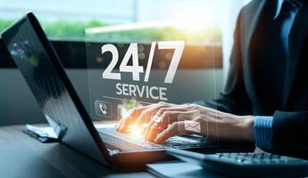 Customer service, nonstop service concept. service or activity will operate or be provided continuously without interruption throughout the day or week, 24 hours a day and 7 days a week. photo