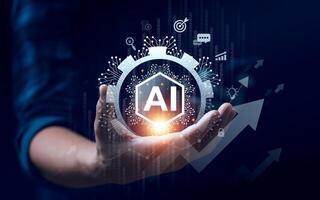 Hand Holding AI Symbol Surrounded by Digital Interface and Circuit Elements, Representing Artificial Intelligence and Technological Advancement in a Futuristic, High Tech, and Data Driven Environment photo