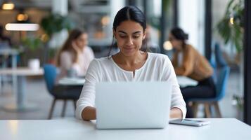 A focused young professional woman using a laptop in a modern office, working on her tasks with colleagues in the background photo