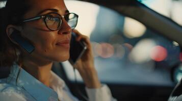 Woman with glasses driving car and talking on mobile phone via headset. Focused on road ahead, multitasking during commute photo