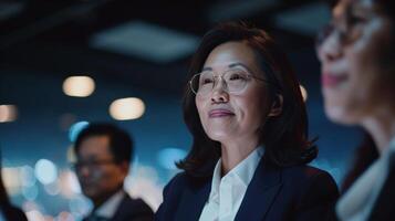 Business professionals attending a meeting, focusing on a thoughtful businesswoman in a corporate photo