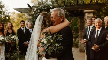 Bride hugging her father during a wedding ceremony, surrounded by happy guests, outdoor celebration photo
