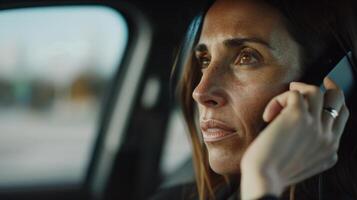 Close-up of a woman talking on her phone inside a car, capturing her expression and the ambiance within the vehicle. photo