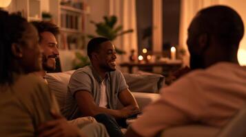 Group of friends enjoying cozy evening at home sitting on the couch and having a friendly conversation in a warmly living room photo
