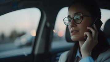 Businesswoman wearing glasses talks on phone inside car, focused expression. Cityscape background with blurred lights. photo