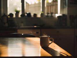 Sunlit kitchen featuring a wooden table with a coffee cup, natural light and cozy atmosphere, home and lifestyle concepts photo