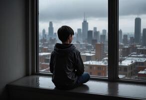 Boy looking out at rainy cityscape from window. The urban skyline is shrouded in mist, creating a moody and contemplative atmosphere. photo