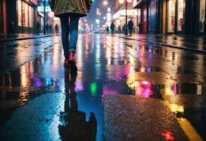 A person walks through a wet, neon-lit city street at night, with colorful reflections on the pavement, capturing the dynamic urban nightlife. photo