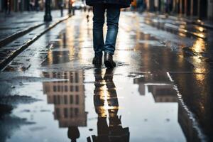 A person walks along a wet, reflective city street, their silhouette mirrored in the puddles, capturing the urban ambiance and the quiet aftermath of rain. photo