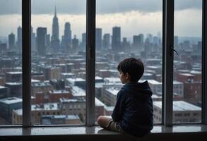 Boy looking out at rainy cityscape from window. The urban skyline is shrouded in mist, creating a moody and contemplative atmosphere. photo