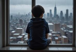 Boy looking out at rainy cityscape from window. The urban skyline is shrouded in mist, creating a moody and contemplative atmosphere. photo