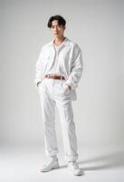 Young Korean Man in All-White Fashion Outfit. poses confidently against a neutral background. His modern style is complemented by white sneakers, creating a chic and contemporary look. photo