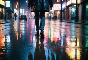 A person walks through a wet, neon-lit city street at night, with colorful reflections on the pavement, capturing the dynamic urban nightlife. photo
