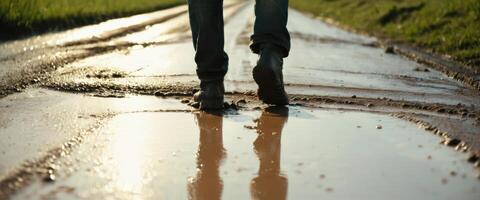 Walking through muddy puddle on rural road. captures the reflection in the water and the countryside landscape in the background. photo