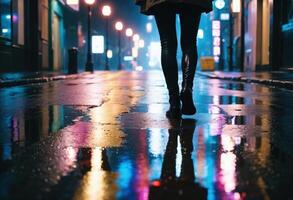 A person walks through a wet, neon-lit city street at night, with colorful reflections on the pavement, capturing the dynamic urban nightlife. photo